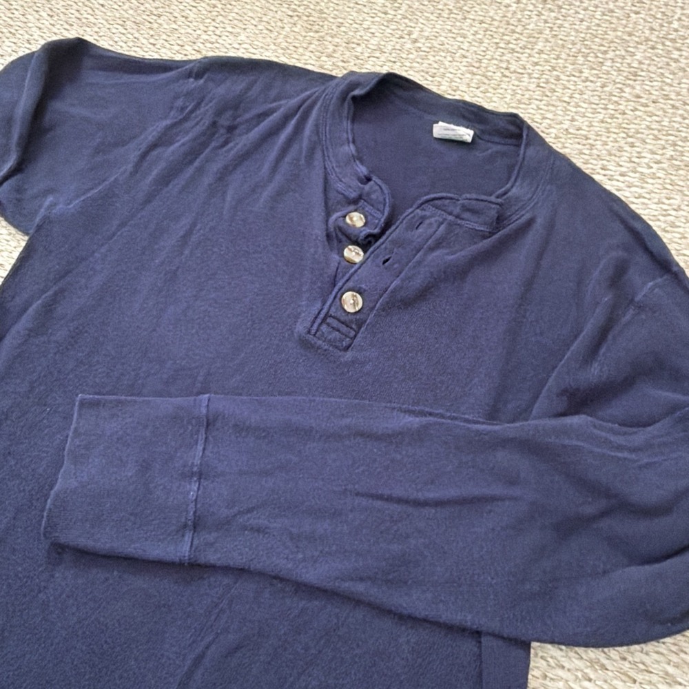 Men's Vintage SKYR Grunge Fine Ribbed Cotton Henley Long Sleeve Shirt. LG. Navy: